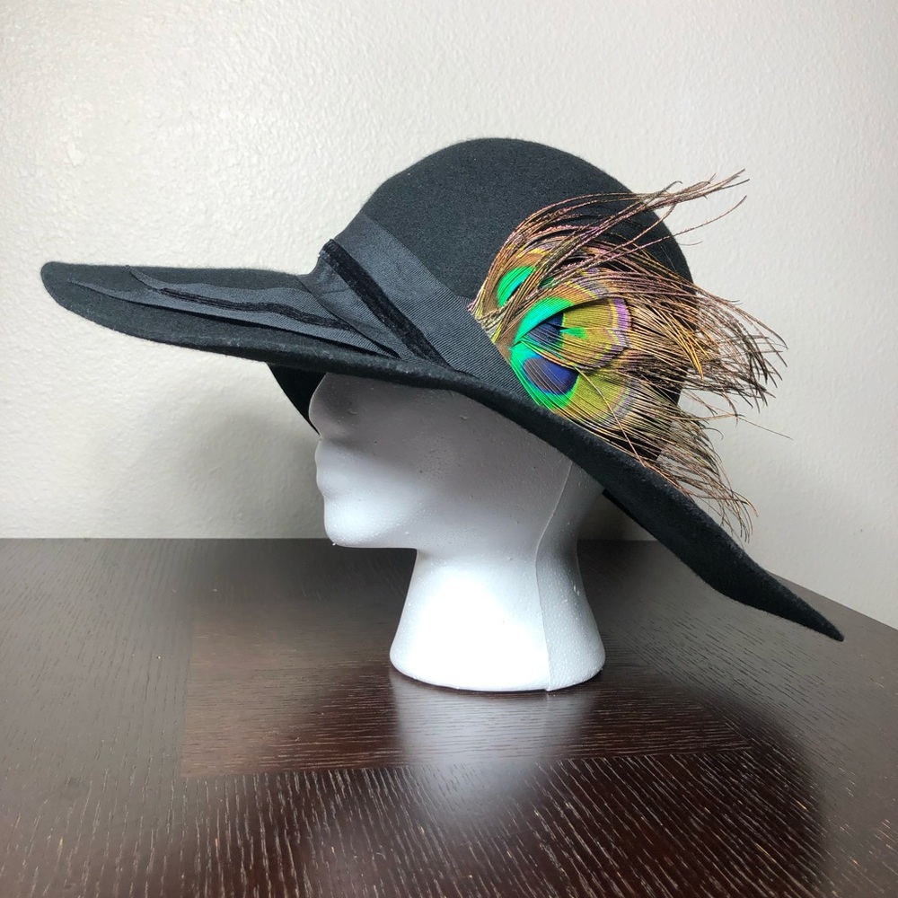 Cynthia Rowley Wool Black Fedora Cloche Wide Brim Peacock Feathers bohemian Hat - Picture 2 of 14